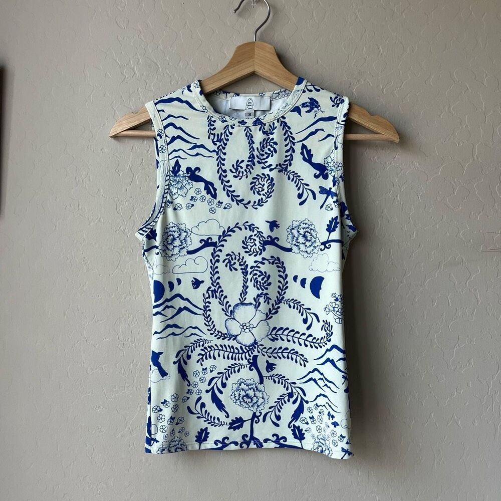 Dauphinette White Blue Porcelain Floral Print Sleeveless Tank Top Size Small